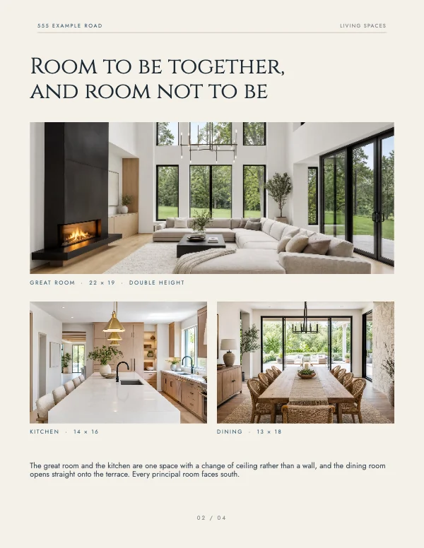 Slate and Cream Modern 8.5 × 11 Real Estate Property Brochure — Living spaces
