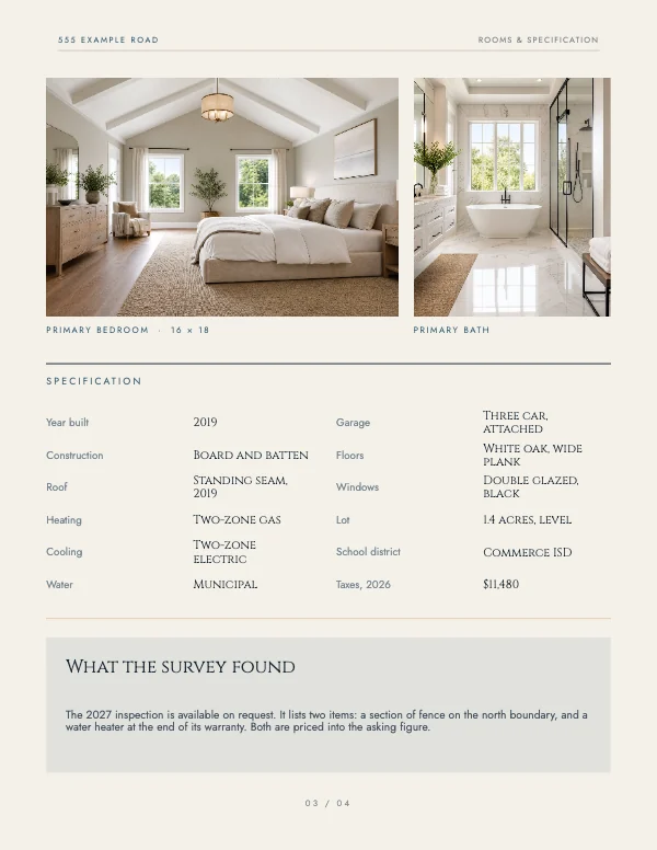 Slate and Cream Modern 8.5 × 11 Real Estate Property Brochure — Rooms and specification