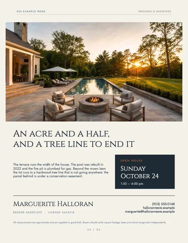 Slate and Cream Modern 8.5 × 11 Real Estate Property Brochure — Grounds and showings
