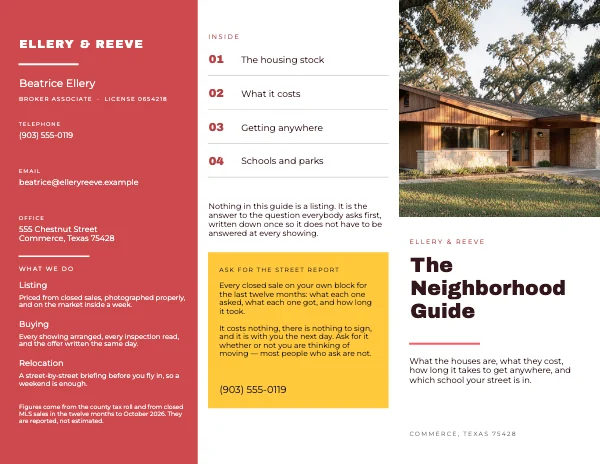 Coral and Butter 11 × 8.5 Real Estate Neighborhood Guide Tri-Fold