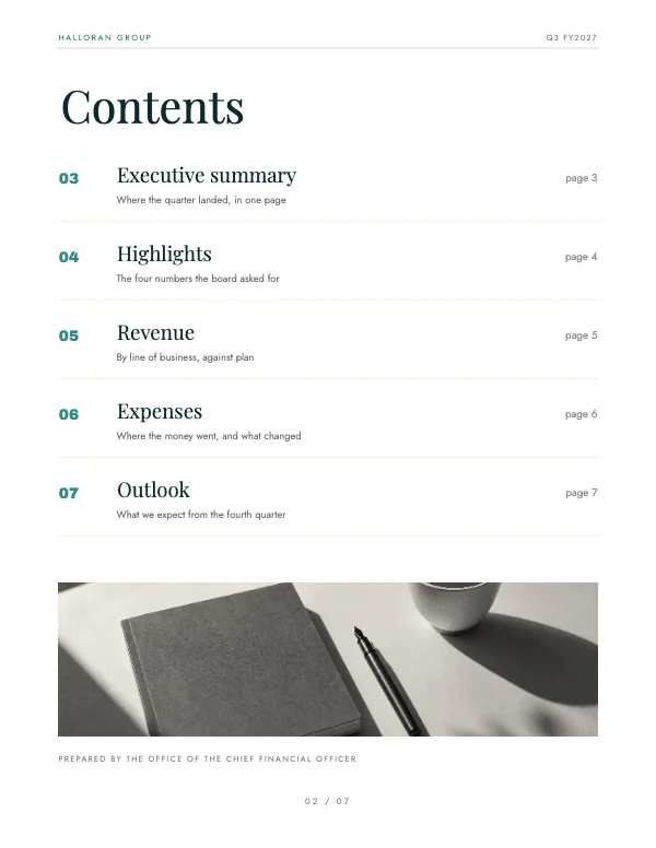 Teal and Gold Corporate 8.5 × 11 Quarterly Finance Report — Contents