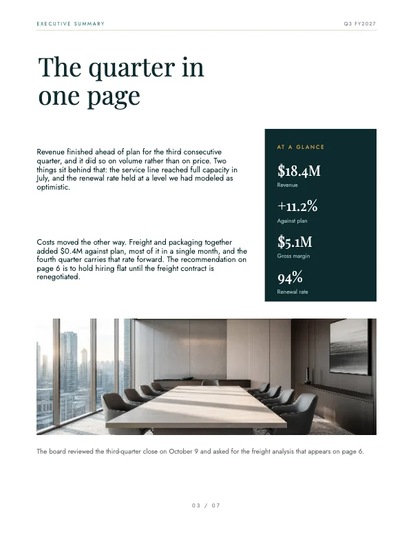 Teal and Gold Corporate 8.5 × 11 Quarterly Finance Report — Executive summary