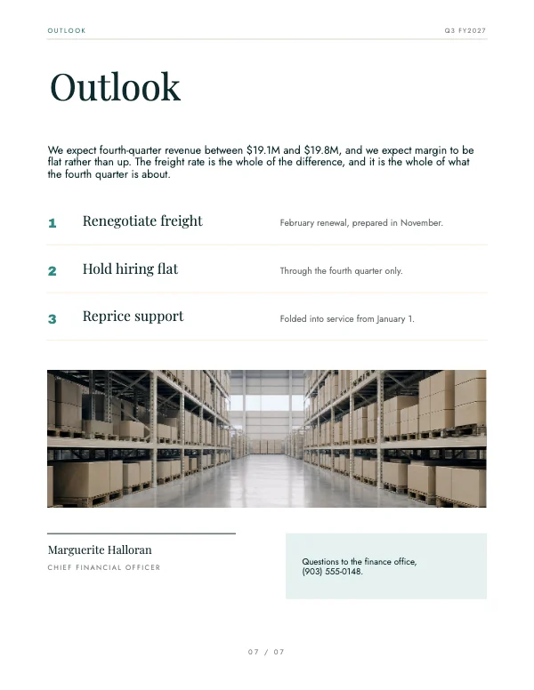 Teal and Gold Corporate 8.5 × 11 Quarterly Finance Report — Outlook