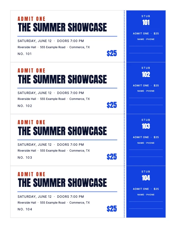 Blue and Flame 8.5 × 11 in Event Admission Tickets