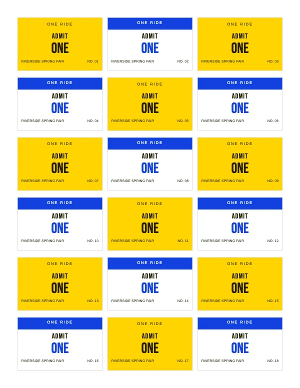Yellow and Blue 8.5 × 11 in Carnival and Activity Tickets