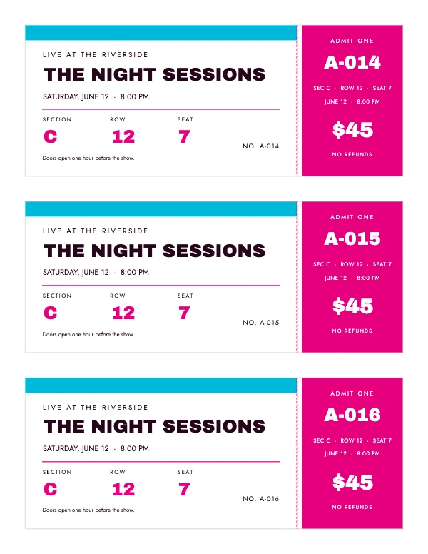 Magenta and Cyan 8.5 × 11 in Concert Tickets