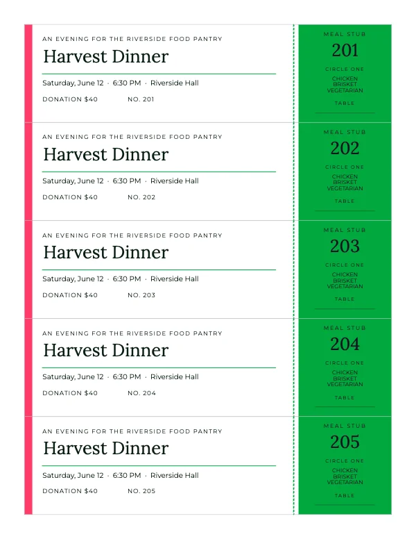 Green and Pink 8.5 × 11 in Fundraiser Dinner Tickets