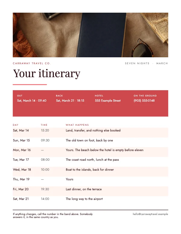 Coral and Butter 8.5 × 11 Travel Trip Itinerary