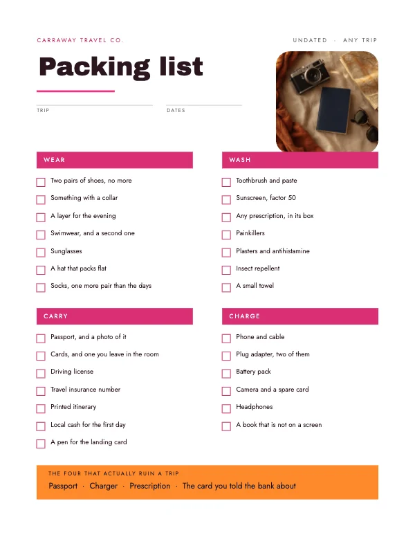 Pink and Peach 8.5 × 11 Travel Packing Checklist