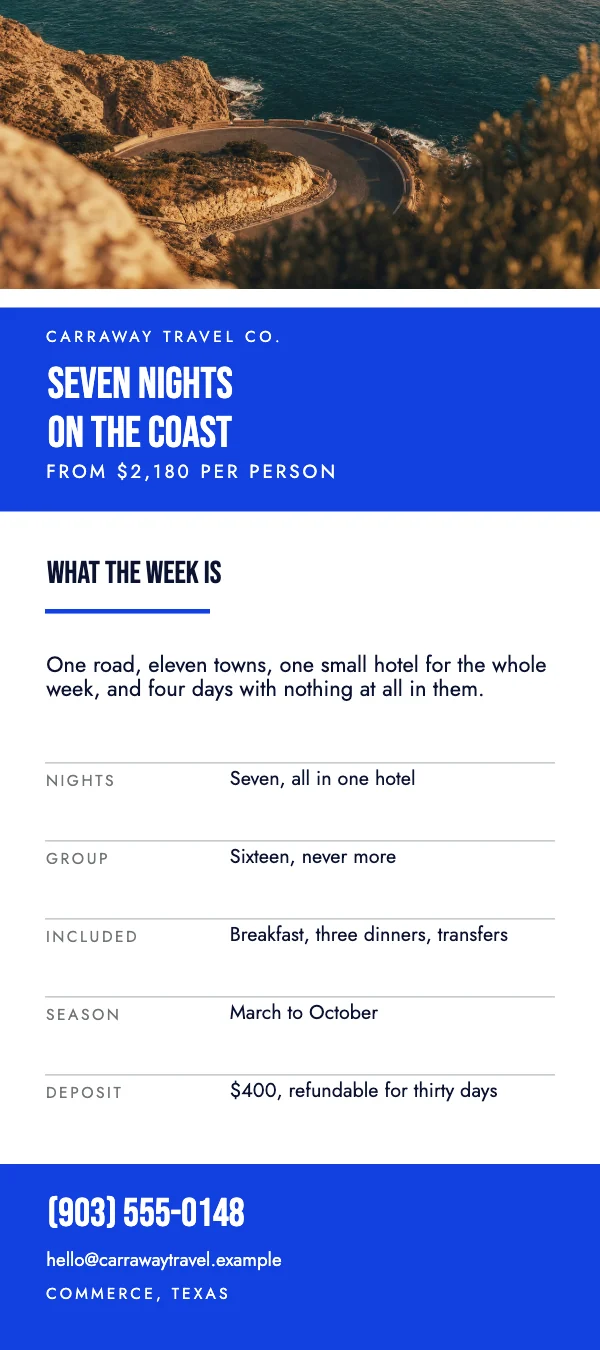 Blue and Flame 4 × 9 Travel Agency Rack Card