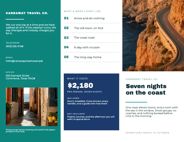 Mint and Navy 11 × 8.5 Travel Destination Tri-Fold Brochure
